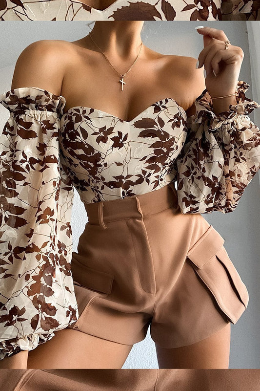 Chocolate Leaf Bodysuit | Beige & Brown - Fashion Flash Boutique