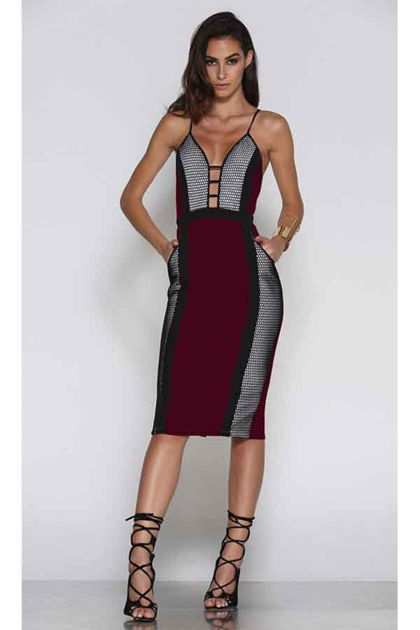 HONEYCOMB MIDI DRESS - WINE - Fashion Flash Boutique